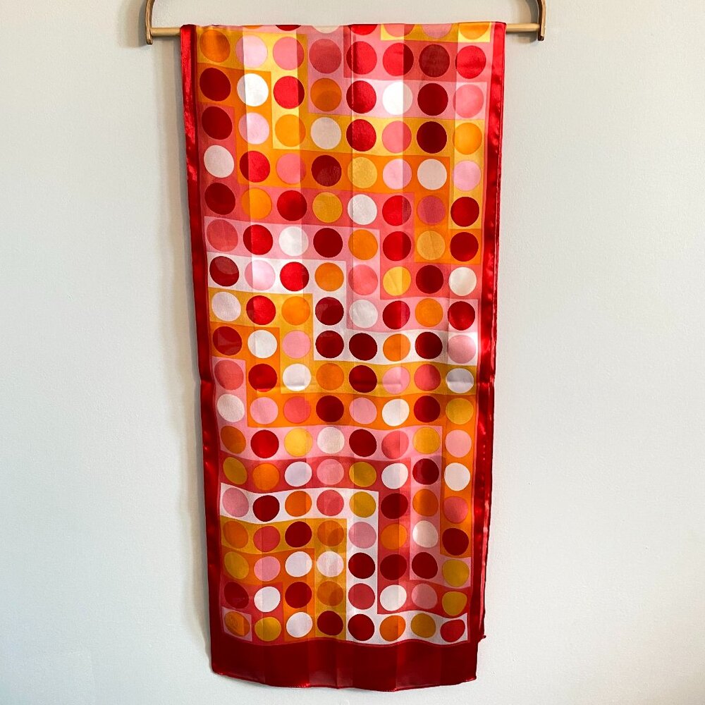 2/$20 👒 Vintage Oldstock Sheer Scarf Red, Pink, Orange Geometric Print 60s Mod